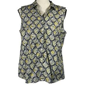 Charter Club Petite SZ 12P Top Floral Button-Up Sleeveless Stretch Collar V-Neck